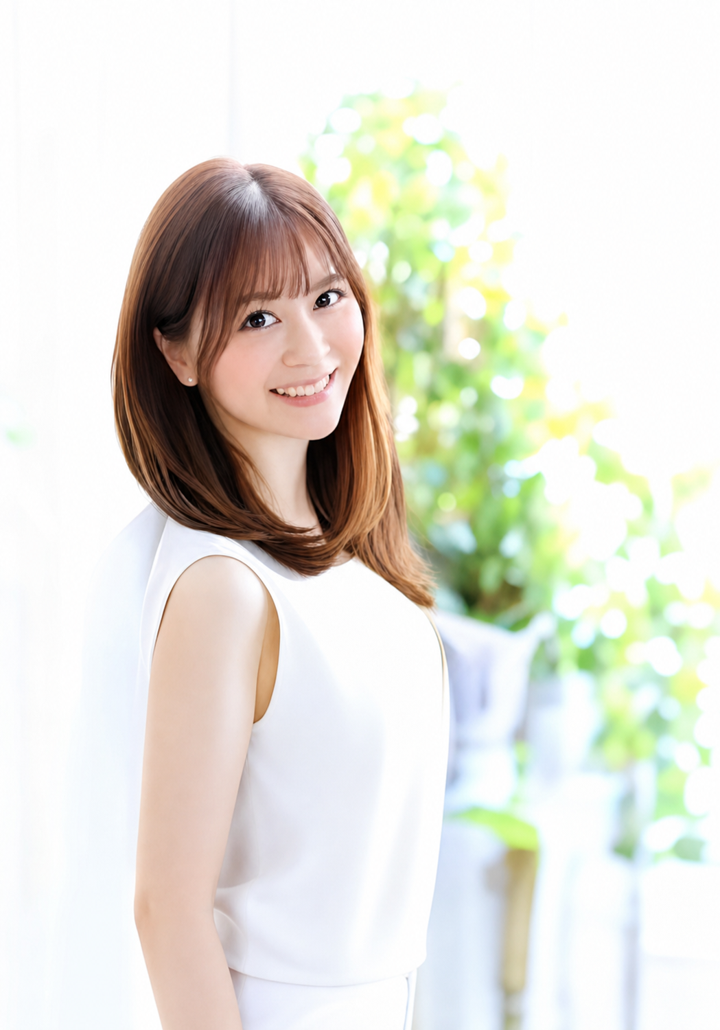 明るい自然光の中で微笑む女性
